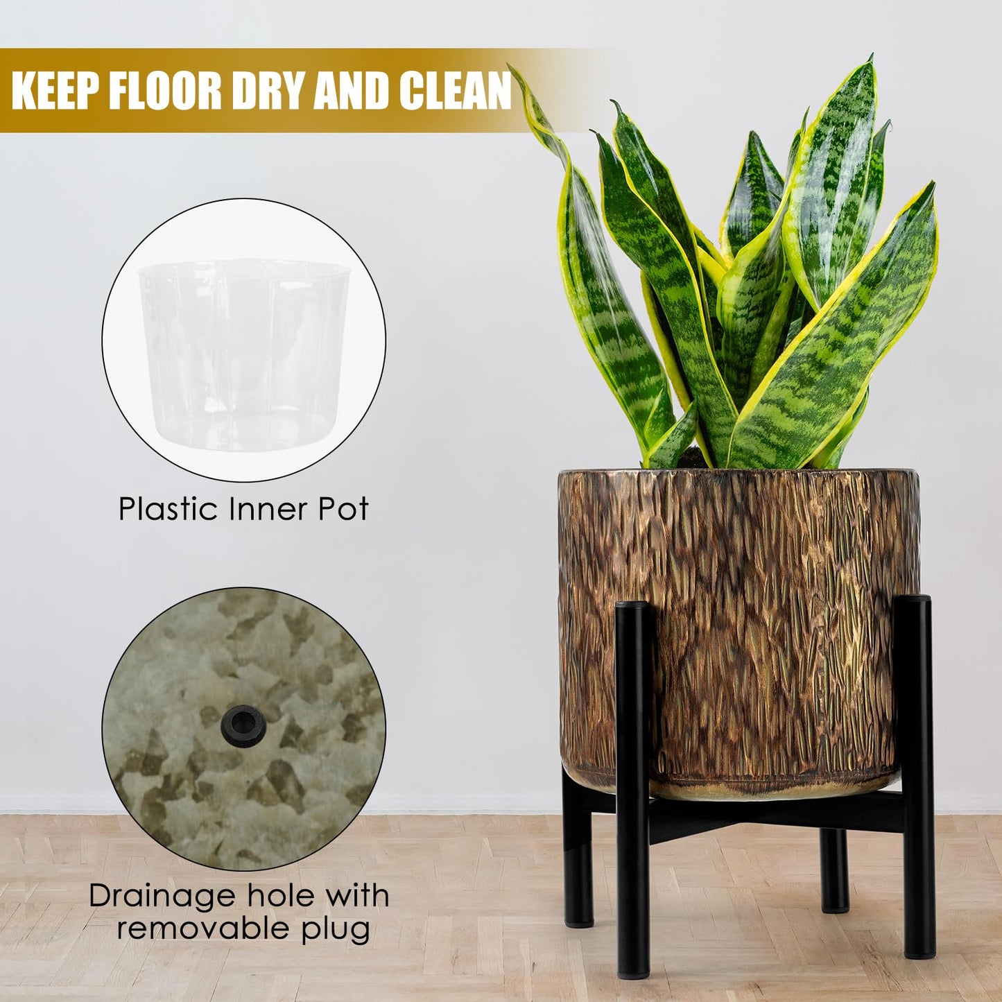 Harvest Land Plant Pots with Stand, Set of 2 Large Modern Planters Metal Tall Handmade Flower Pots with Drainage Holes Indoor Outdoor,Bronze