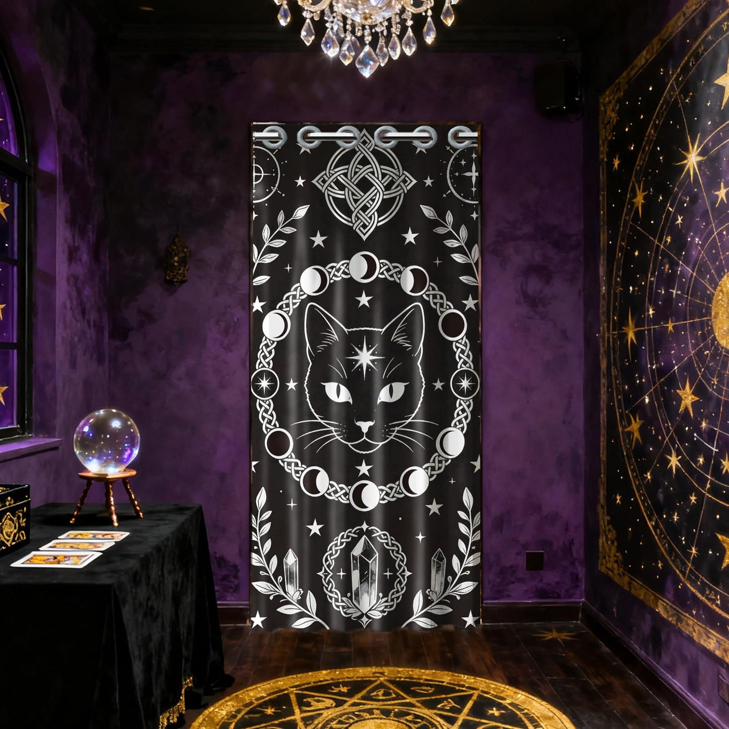 CONCHLERY Divination Style Door Curtain for Doorway Cats Doorway Curtain Stars Room Divider Curtains with Plastic Rings Folding Doors Curtains for Closet Bedroom Living Room Doorway, 39x79 Inch