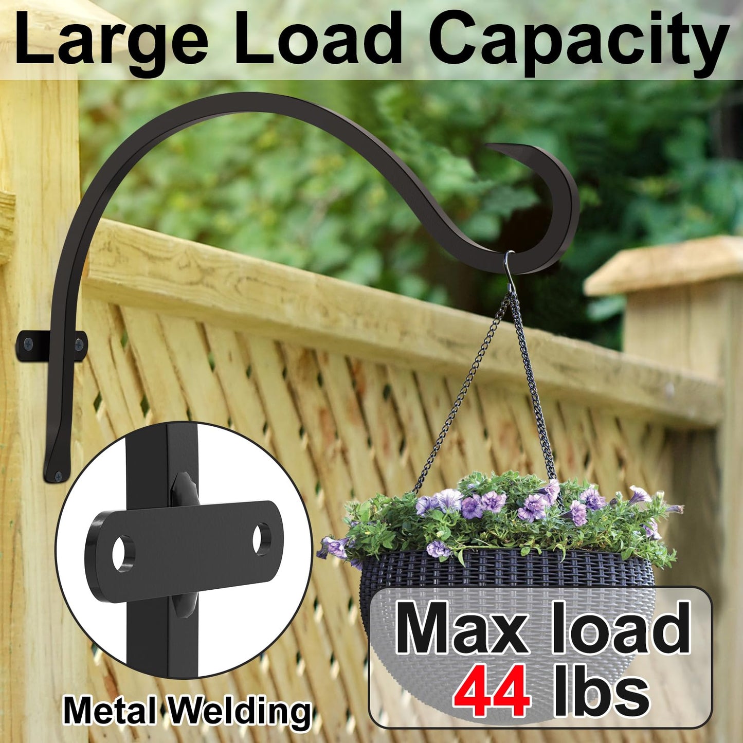 12 Inch Heavy Duty Plant Hanger Wall Hook 2 Pack - Black Iron Hanging Plant Bracket Holds 44 lbs - Rust Resistant Indoor Outdoor Hooks for Bird Feeders Lanterns Wind Chimes Hanging Baskets with Screws