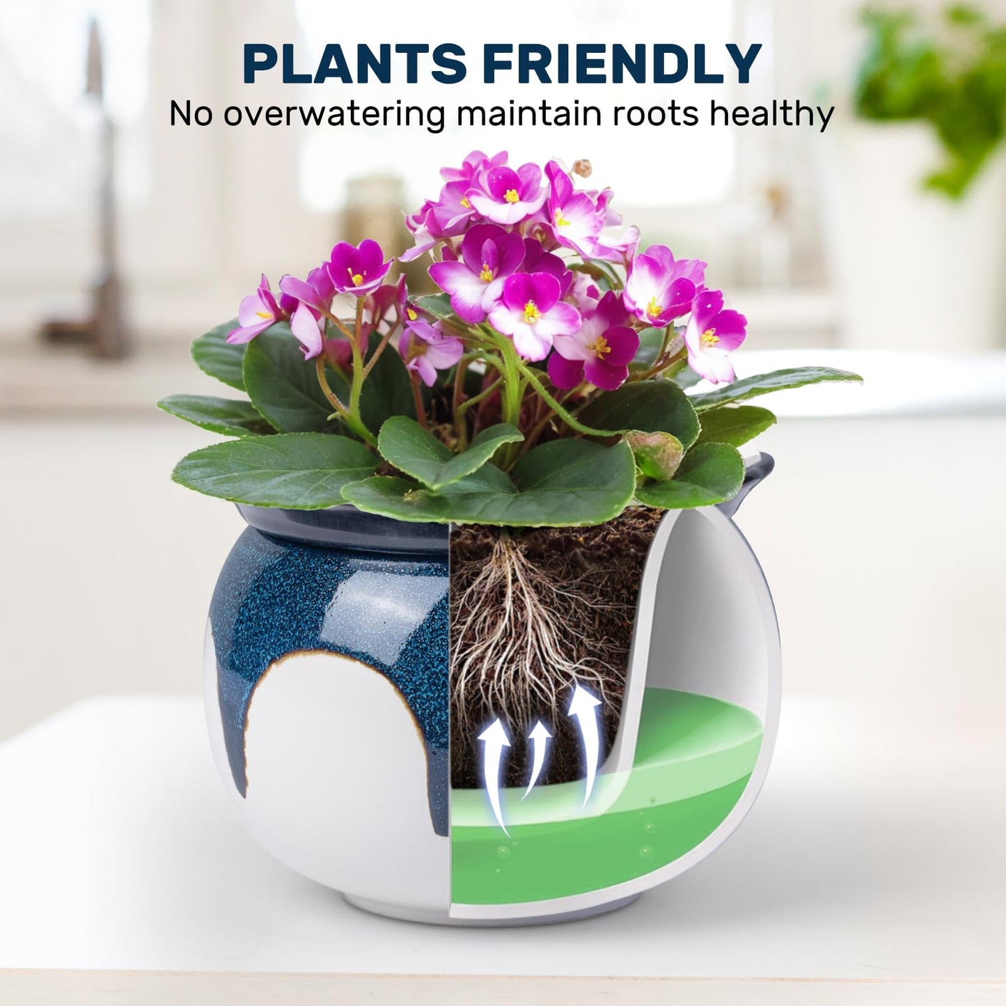 LITUDISO African Violet Pots, 6 Inch Self Watering Pots for Indoor Plants, Easy Plant Self Watering Planter, Ceramic Plant Pot with Absorbent Inner Pot for Flowers - Gradient Blue (No Plants)