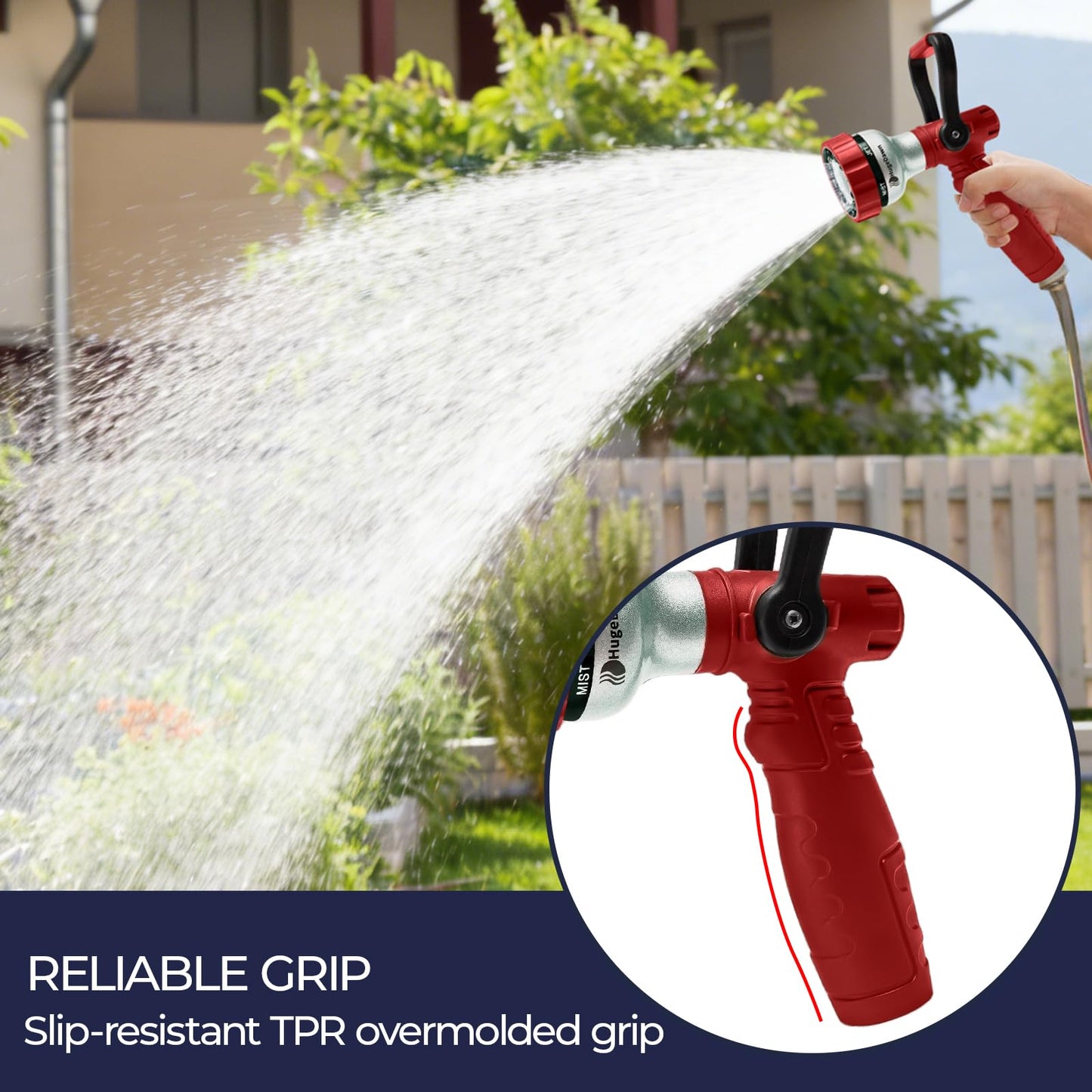 HugeDawn Garden Hose Nozzle, 6 Spray Patterns Heavy Duty Metal Water Nozzle with High Pressure for Watering, Cleaning, Washing (Red)