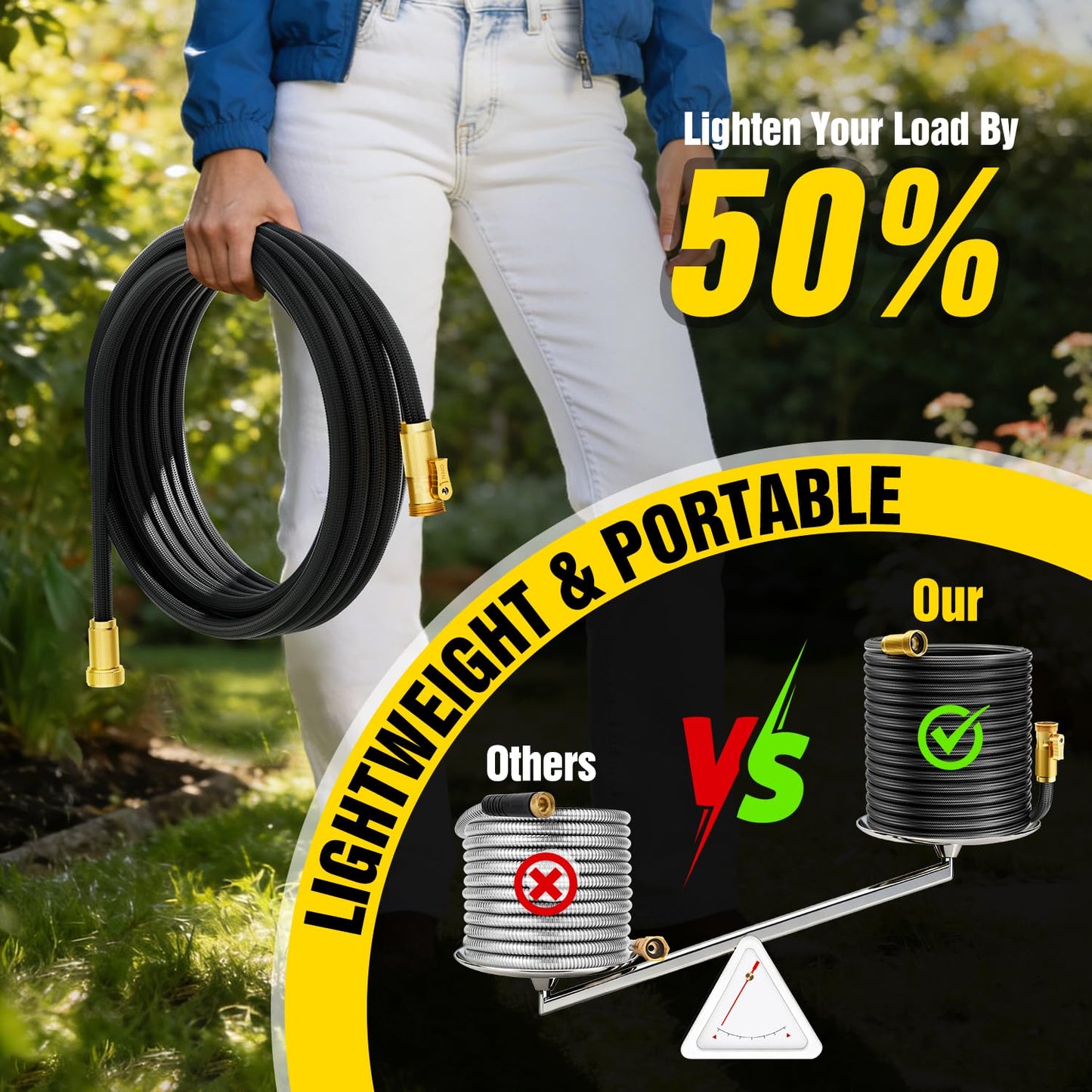 Garden Hose 50 ft Non-Expandable, Flexible Water Hose, Lightweight Hose with 10-Function Nozzle for Yard, Portable, Leak Proof, All-Weather Water Pipe for Outdoor, Car Wash, RV, Lawn