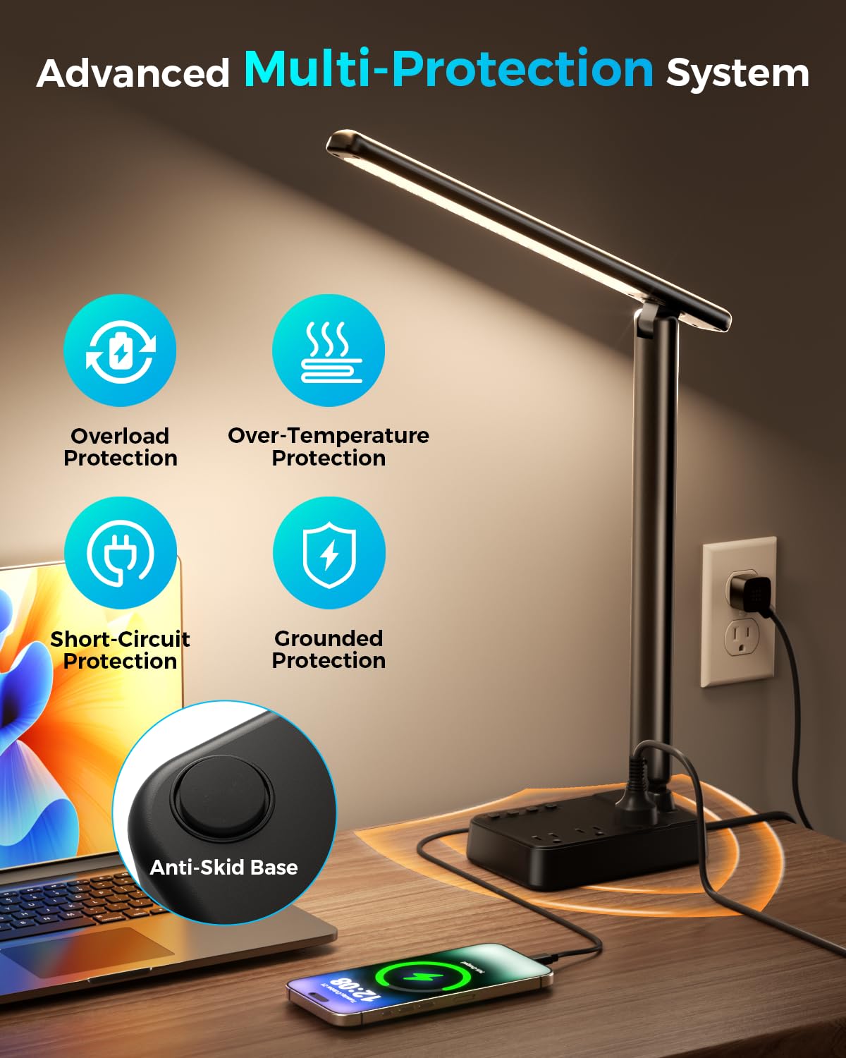 LED Desk Lamp with Power Strip, 3 AC Outlets & 4 USB Ports (2 USB-C), Stepless Dimming & 2800K-6500K Eye-Caring Desk Light, Foldable Table Lamp with 5FT Cord for Home Office, Dorm Room Essentials