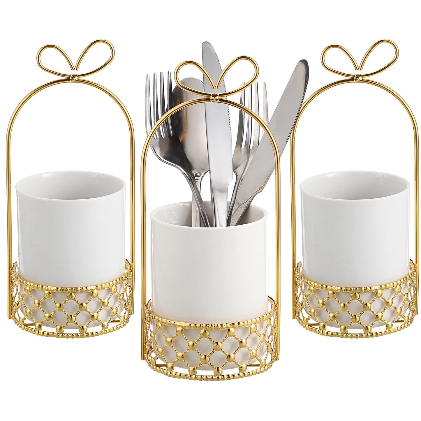 JUXYES Ceramic Silverware Holder For Tabletop, White Cutlery Holder With Golden Metal Bracket, Decorative Flatware Holder Countertop Utensil Holder Organizer for Wedding Kitchen Dining Tables