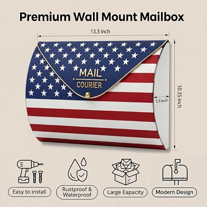American Flag Wall Mount Mailbox for Outside, Waterproof Metal Mailbox with Rust-Proof Galvanized Steel, Large Capacity Mailbox for House, Independence Day Patriotic Decor