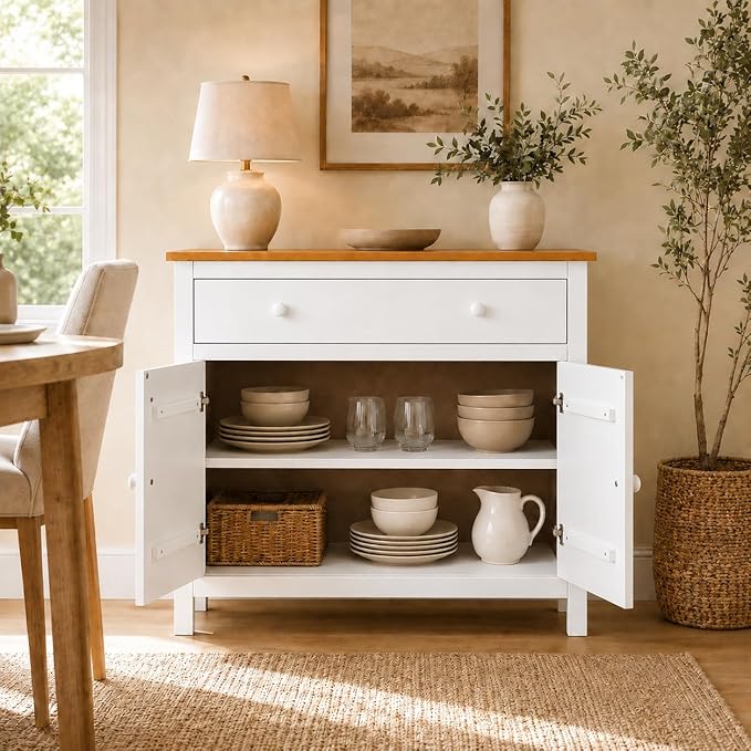 From the Tree Furniture 44" Wide White & Pine Top Solid Pine Shaker Sideboard
