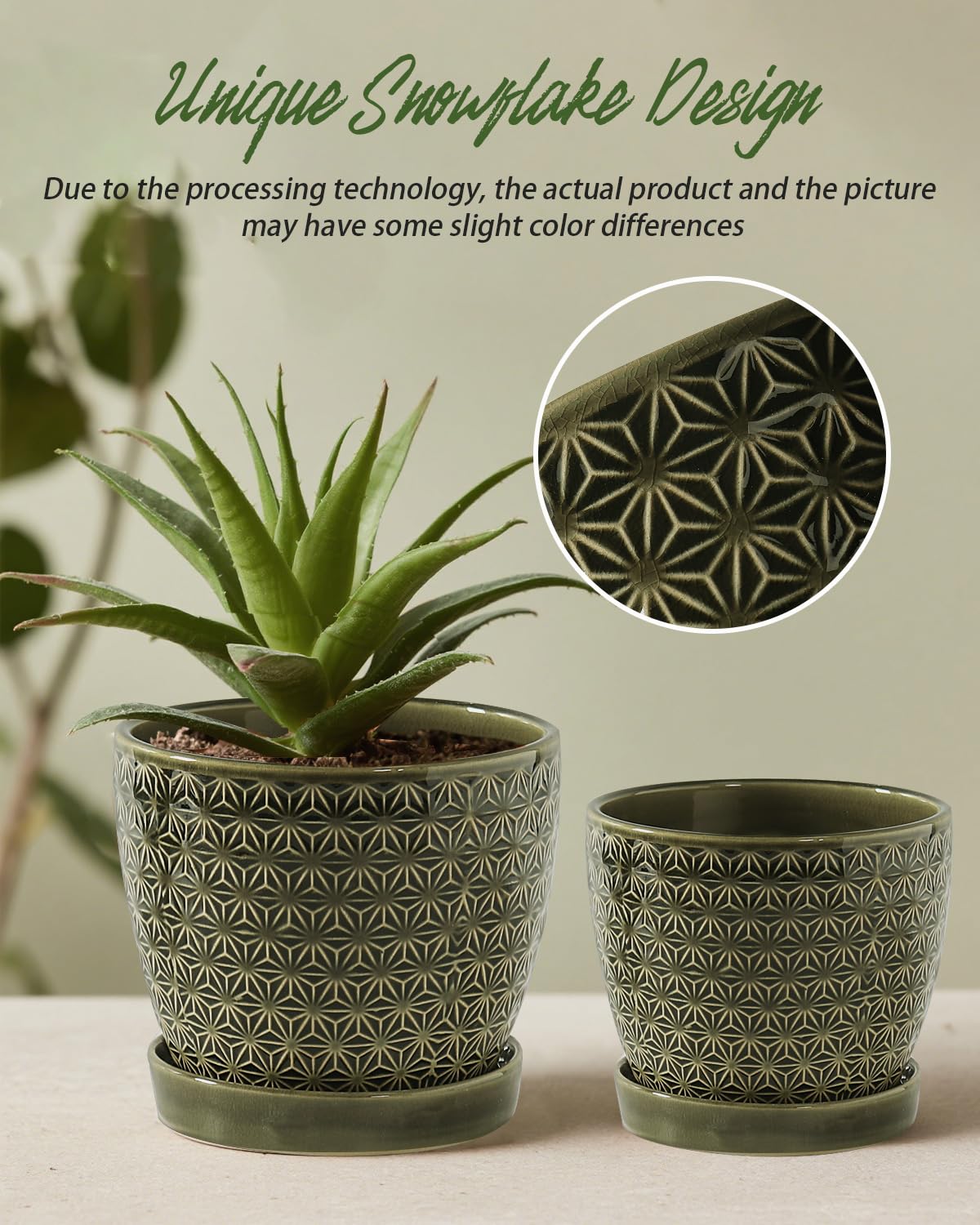 Swkien Plant Pots, Flower Pots, Planters for Indoor Plants(6.5+5.5inch), Flower Pots for Indoor Plant with Drainage Hole and Saucer, Ceramic Pots for Plants with Hole Mesh Pad,Reactive Glaze Green
