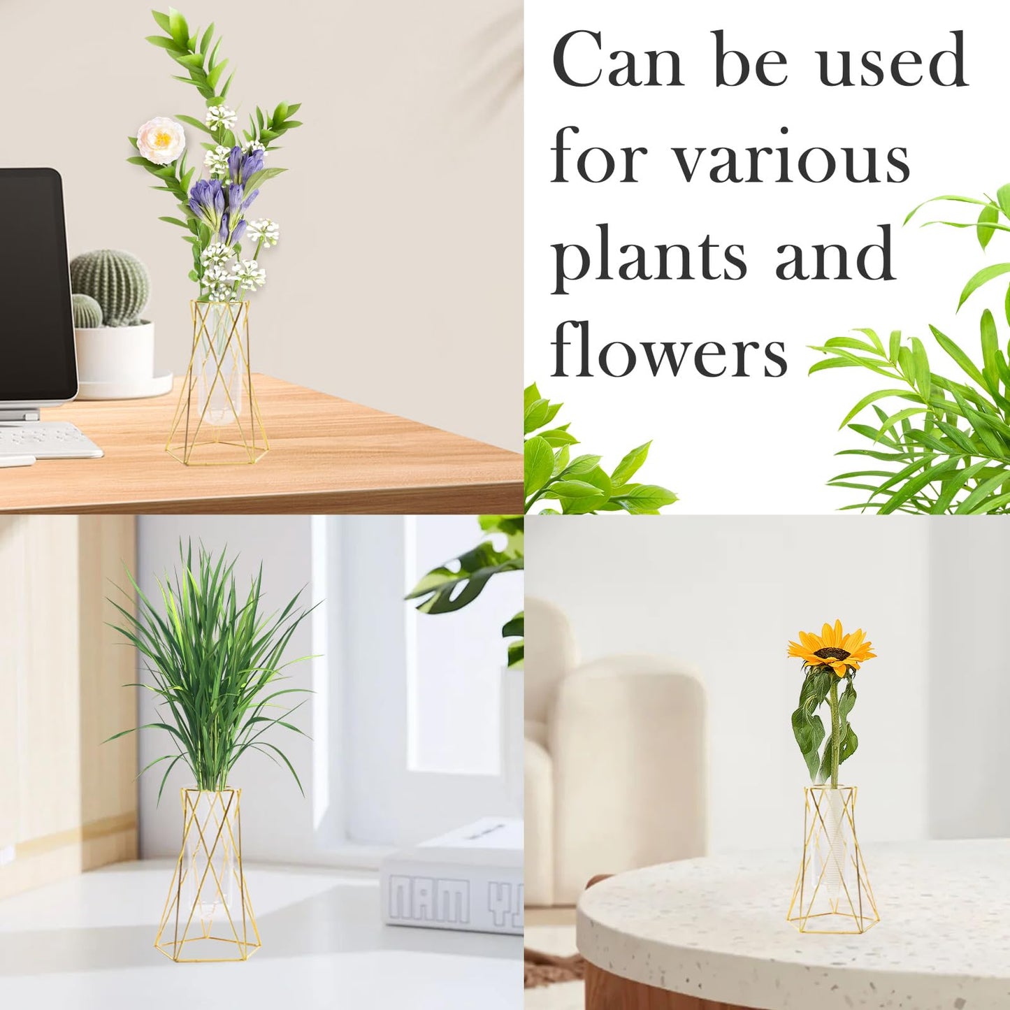 Hyuetrsa 8 Pcs Gold Geometric Vases for Centerpieces, 6.3 Inch Metal Flower Stand with Glass Vase Hydroponic Plant Test Tube Vases Modern Vase for Wedding Home Decor