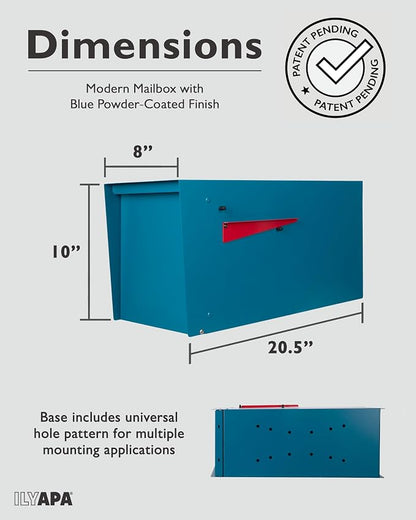 Ilyapa Modern Mailbox for Outside Post Mount - Blue Powder Coated Metal Mailbox, Waterproof Letter Box for Parcels, Recessed Magnetic Close Door