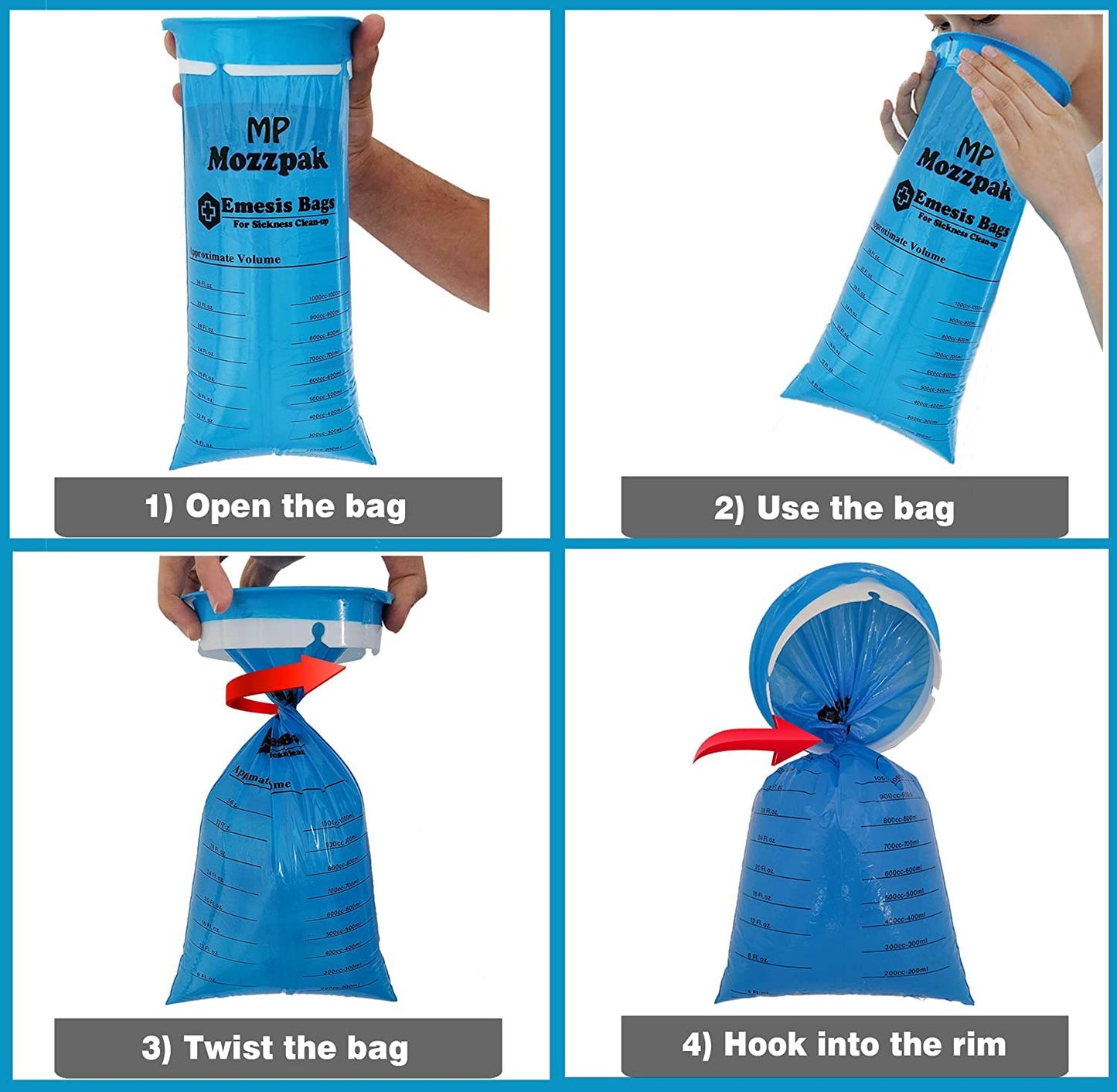 MP MOZZPAK Vomit Bags Disposable – 35 Pack – 1000ml Barf Bags – Leak Resistant, Medical Grade, Portable Emesis Bags, Puke, Throw Up, Nausea Bags for Travel Motion Sickness (Blue)