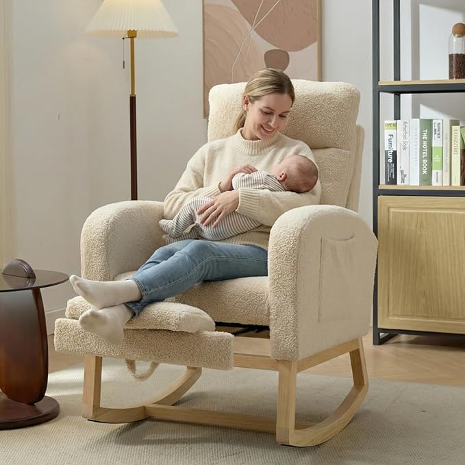 NIOIIKIT Modern Nursery Rocking Chair, Teddy Upholstered Rocking Chair