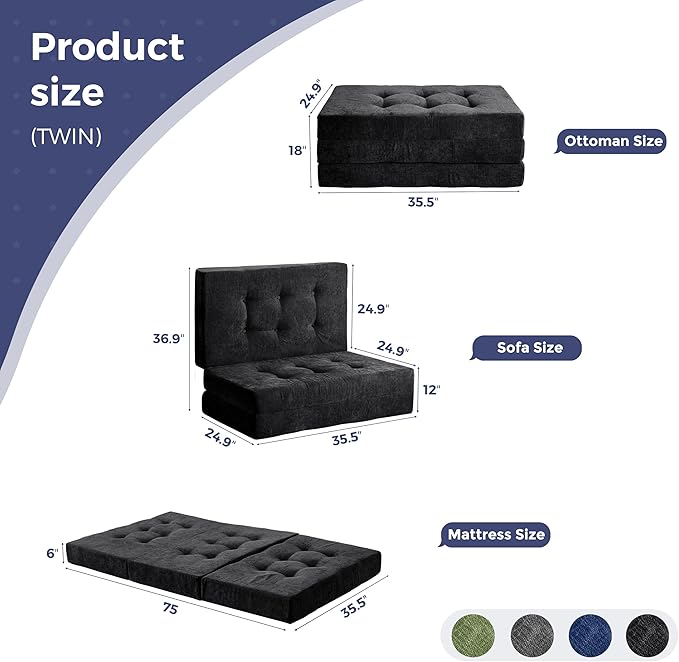 MAXYOYO 6" Folding Sofa Bed for Floor, Tufted Tri-Fold Floor Mattress