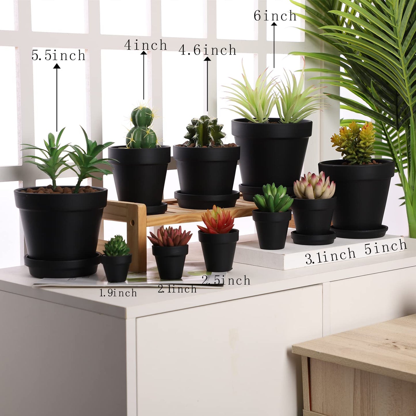 Yishang Large Terra Cotta Pots with Saucer- 6 Pack Large 6'' Terra Cotta Plant Pot with Drainage Hole, Flower Pot with Tray, Terracotta Pot for Indoor Outdoor Plant(Black)