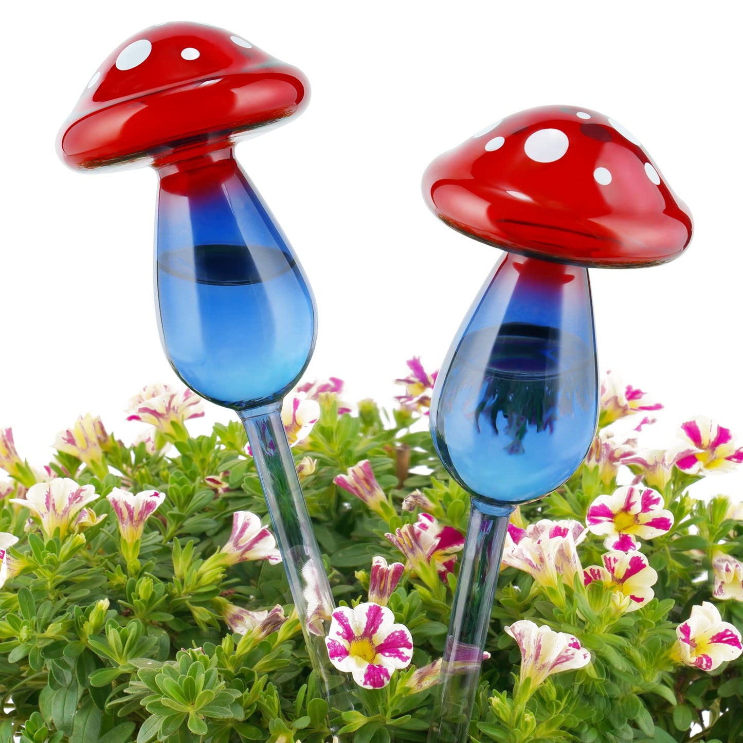 NiHome Mushroom Spike Self-Watering Bulb 2-Pack 10" Long Gradient Red Blue Hand-Blown Glass Globe Pot Plant Waterer for Home Indoor Outdoor Garden Patio Hanging Flower Automatic Irrigation System