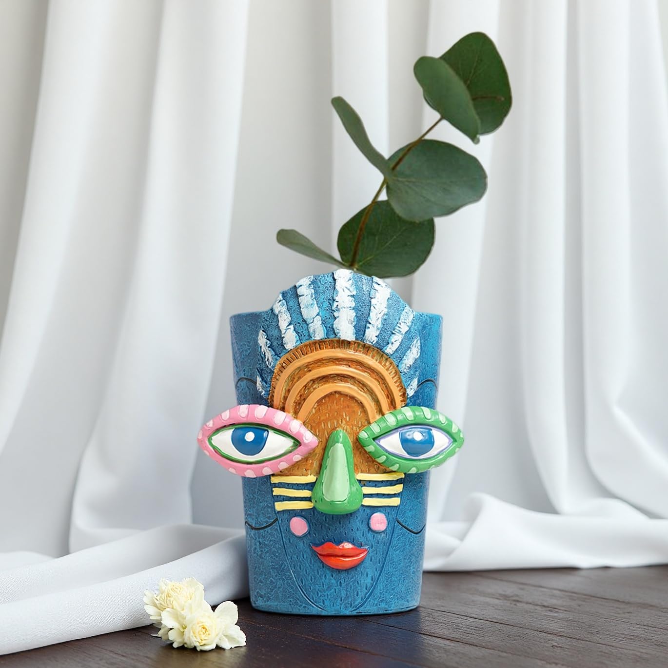 Yhupl Picasso Abstract Face Flower Pot,Plant Pot with Facial Expressions,Handmade Resin Plant Pot with Drainage Holes,for Indoor and Outdoor Botanical Home décor (Blue Small)