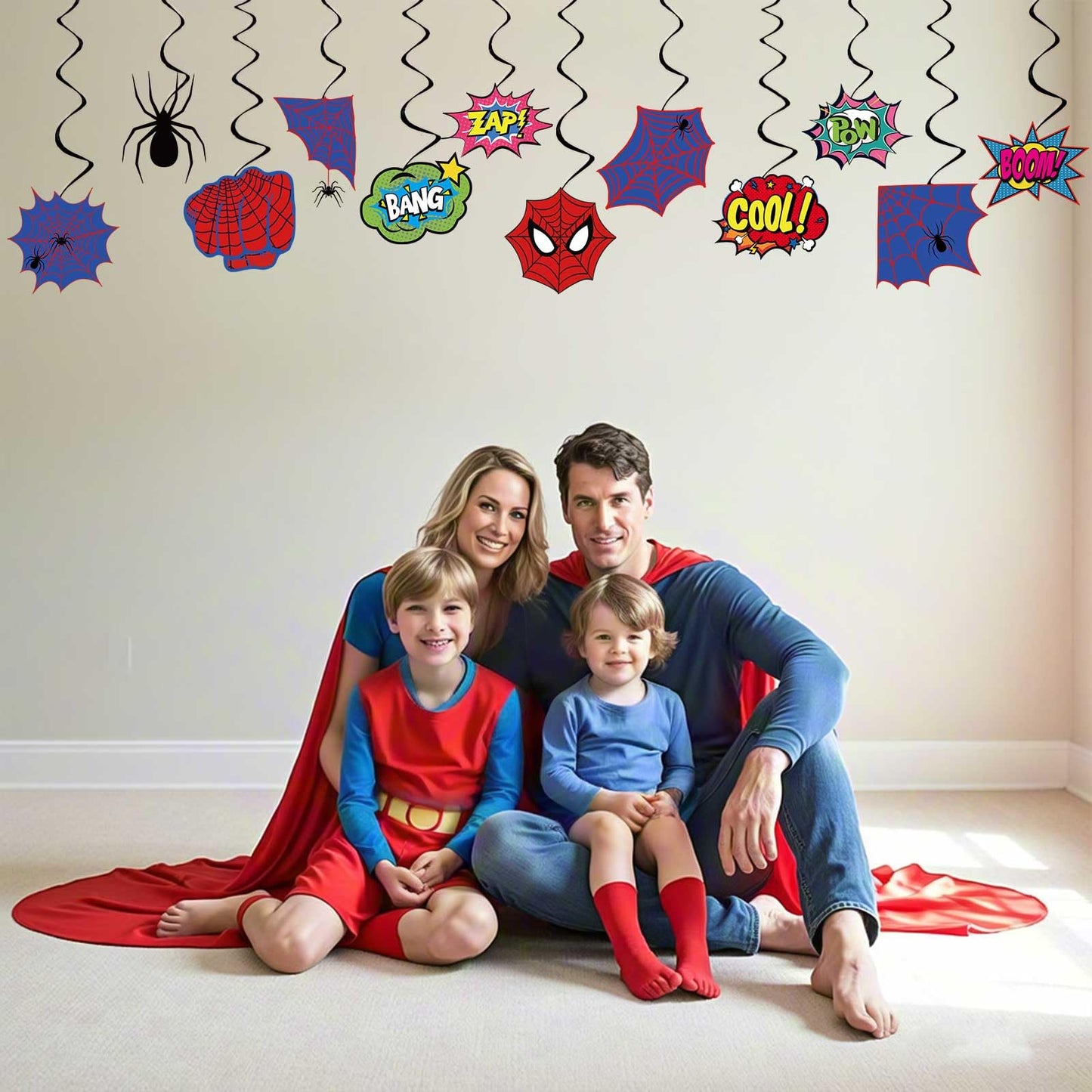 Spider Birthday Decorations Heros Party Decor, Assembled and Ready to Use, Spider Web Theme Party Hanging Swrils 24pcs Party Streamers Kids Birthday Party Decor Supplies