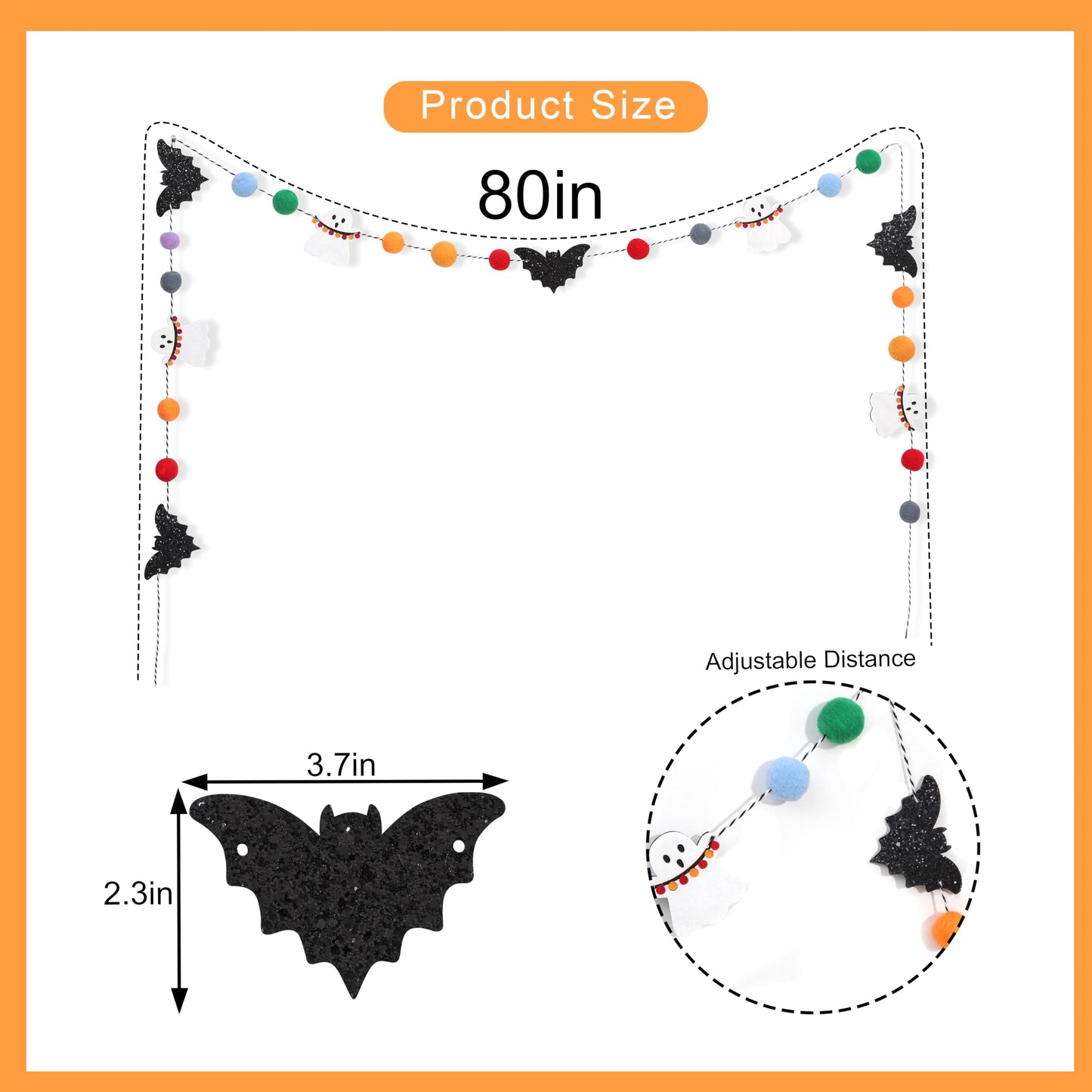 Felt Bat Ghost Garland - Spooky Halloween Party Decorations,Spooky Banner with Colorful Felt Balls,Halloween Wall Mantel Hanging Garland,Black Bat White Ghost Photo Backdrop