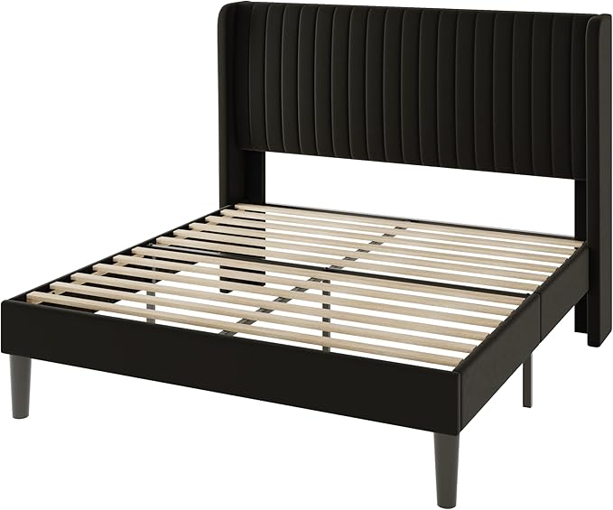 Allewie Queen Size Velvet Bed Frame/Vertical Channel Tufted Wingback