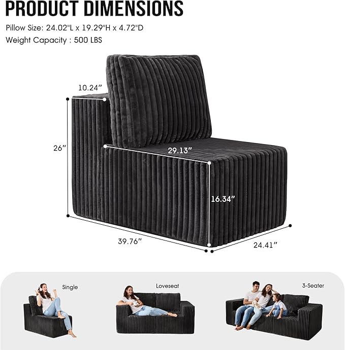 Single Sofa 1 Seat Couch with Deep Seat Memory Foam Cloud Chair with Pillows