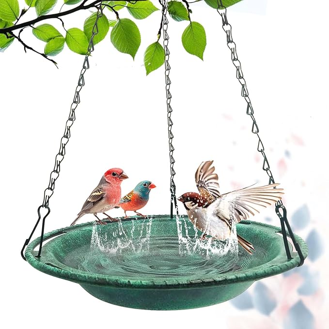 Hanging Bird Bath & Feeder Bowl, 12 in Outdoor Bird Bath with Chains, Durable Weather-Resistant PP, Antique Green, Backyard Garden Decor