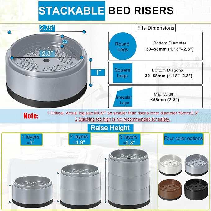 Bed Risers 1 inch, 2 inch, 3 inch, 4 inch Heavy Duty, Adjustable Furniture Riser
