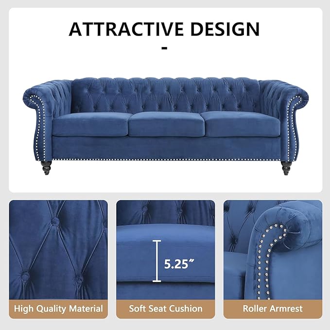 Mid-Century 3 Seater Sofa, Velvet Couch