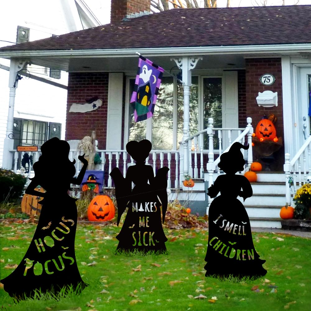 Hocus Pocus Halloween Decorations Outdoor: 3 Extra Large Hocus Pocus Witches, Black Halloween Silhouette Yard Signs with Stakes, Thick Corrugated Plastic, Outside Yard Lawn Decor for Kids Home Party