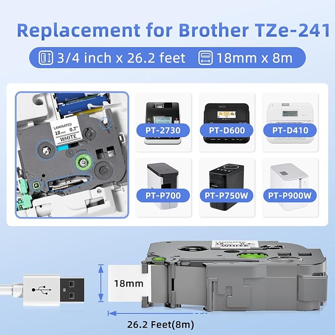 Label KINGDOM Tze-241 18mm 3/4 inch Label Maker Tape Compatible with Brother Ptouch Printer PT D400 D410 P710bt P750w, 10 Pack