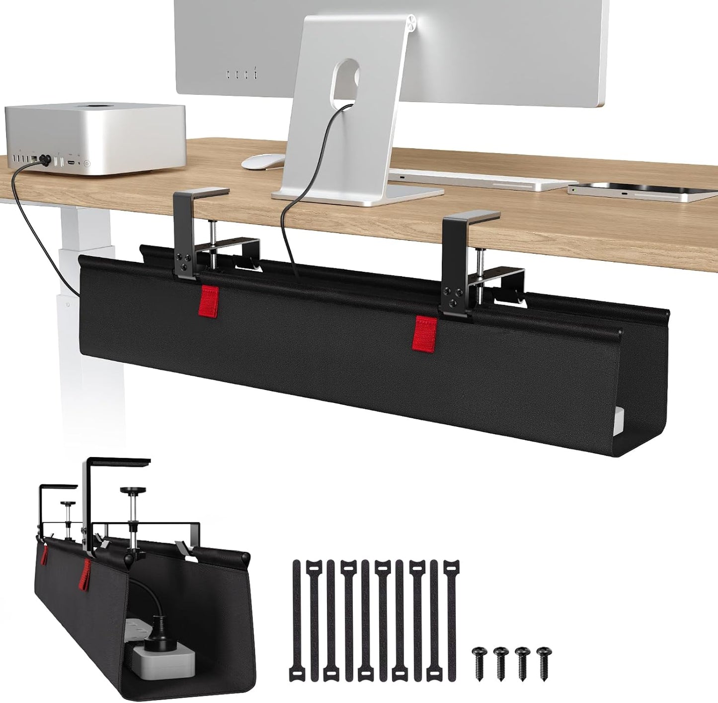 Univivi No Drill Under Desk Cable Management Tray, 28" Cord Organizer for Table, Clamp/Screw Mount Desk Cable Management, Premium Fabric Cable Management Tray for Office, Home