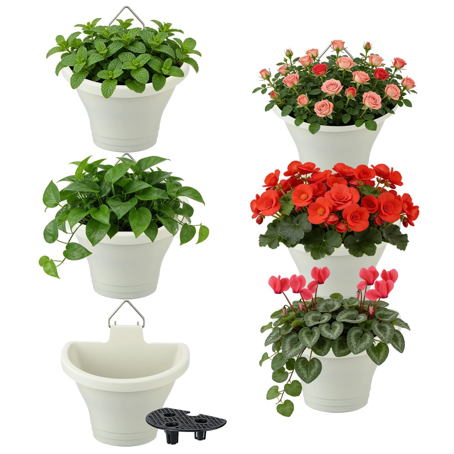 MADHOLLY 6Pcs Vertical Hanging Planters for Outdoor Plants - Wall Plant Holder for Indoor Decorations Garden Fence, Plastic Flower Pots with Drainage Grid and Hooks (White)