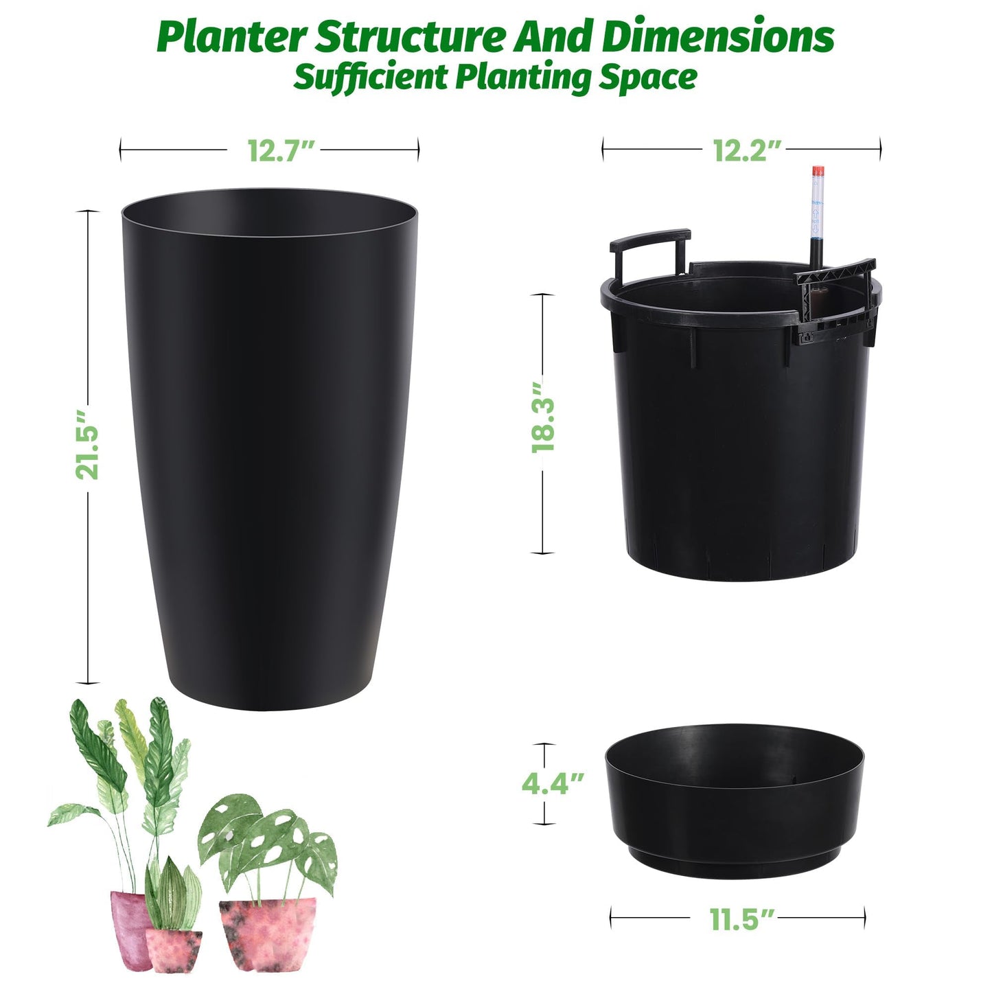 GarveeHome Set of 2 Tall Planters for Outdoor Plants, 22 Inch Large Self Watering Planters with Water Level Monitor, Indoor Outdoor Plastic Flower Pots for Porch, Patio, Backyard & Entryway,Black