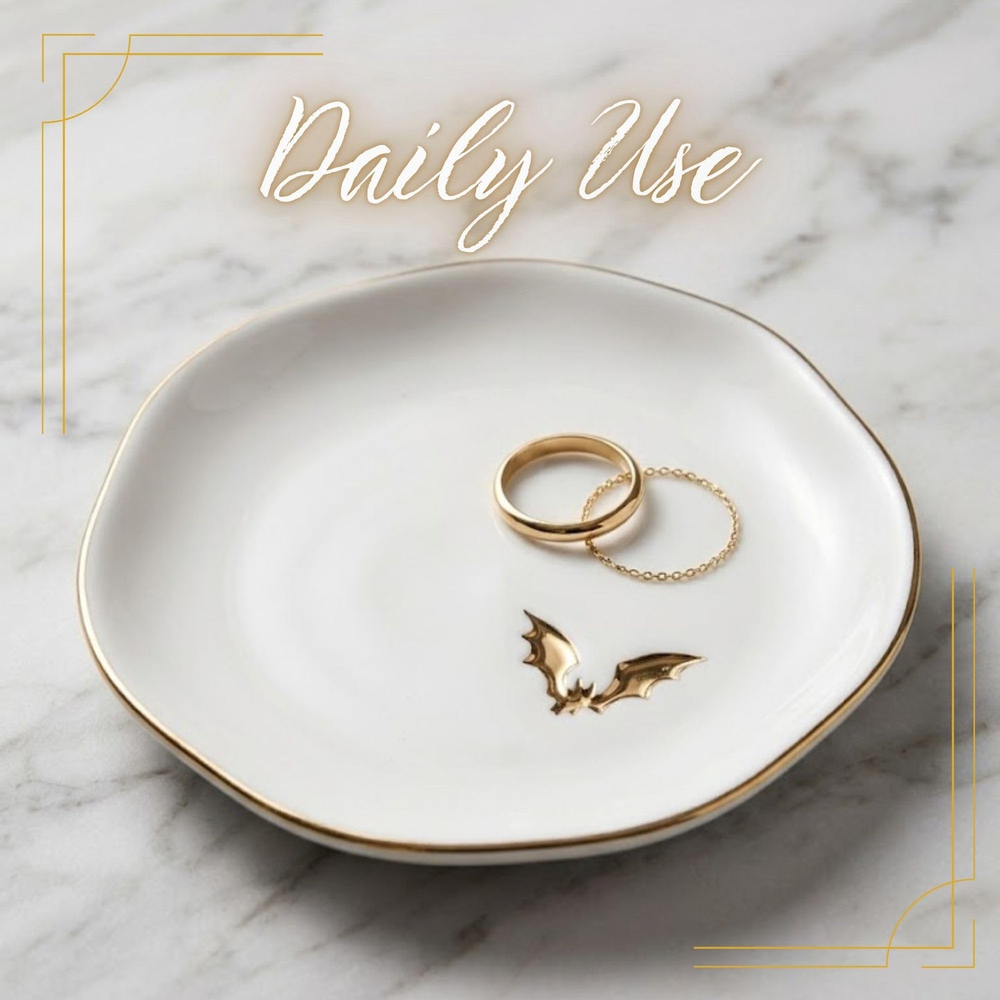 InnoBeta Bat gifts, Halloween Goth gifts, Bat Decorative Trinket Dish, 4.75" Handcrafted Ceramic Ring Dish with Gold Trim, Birthday Gift for Women