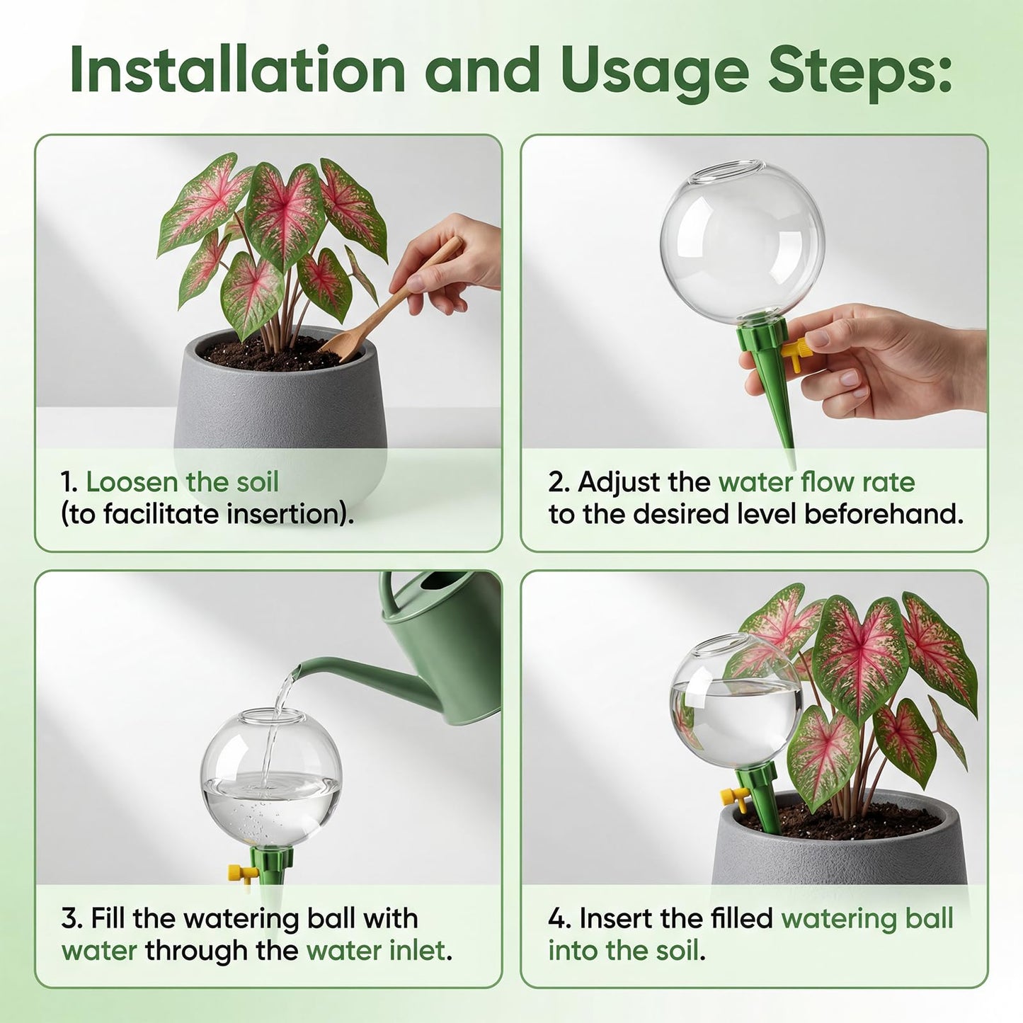 4-Pack 17.5oz Self Watering Globes with Covers – Automatic Plant Watering Bulbs, Slow-Release Irrigation Spikes for Indoor/Outdoor Potted Plants, Vacation Watering System, Top-Fill, Fits Most Pots