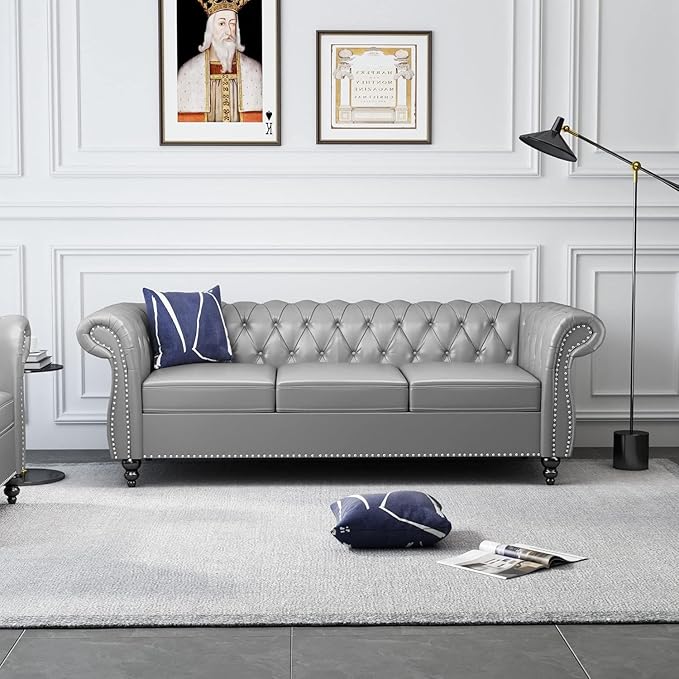 Mid-Century 3 Seater Sofa, Faux Leather Couch