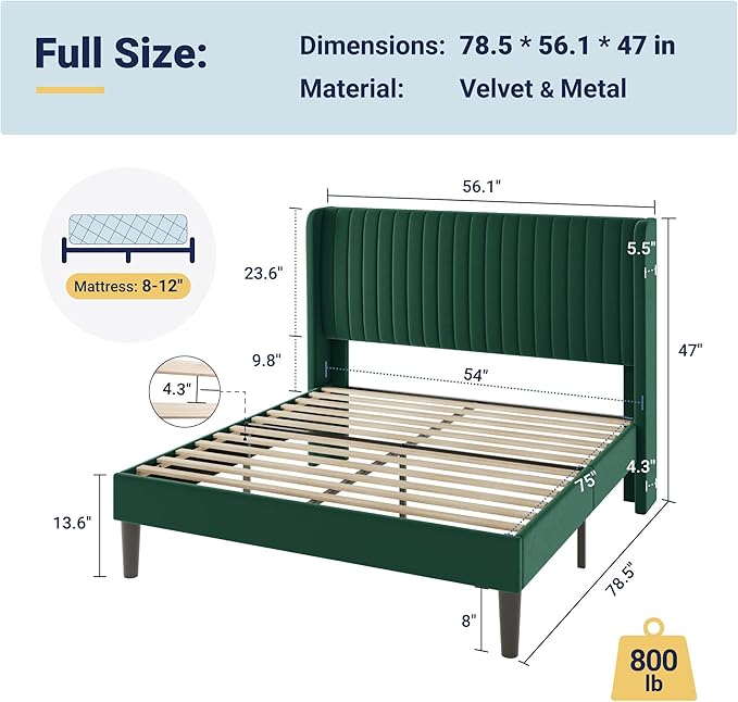 Allewie Full Size Bed Frame/Velvet Upholstered Platform Bed/Vertical Channel