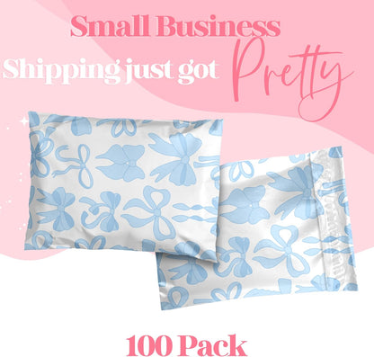 6x9 Designer Poly Mailer 100 Pack Heavy Duty Waterproof Self Seal Shipping Bags for Small Business Large Mailing Envelopes Bulk Tear Resistant Packaging Blue Bows