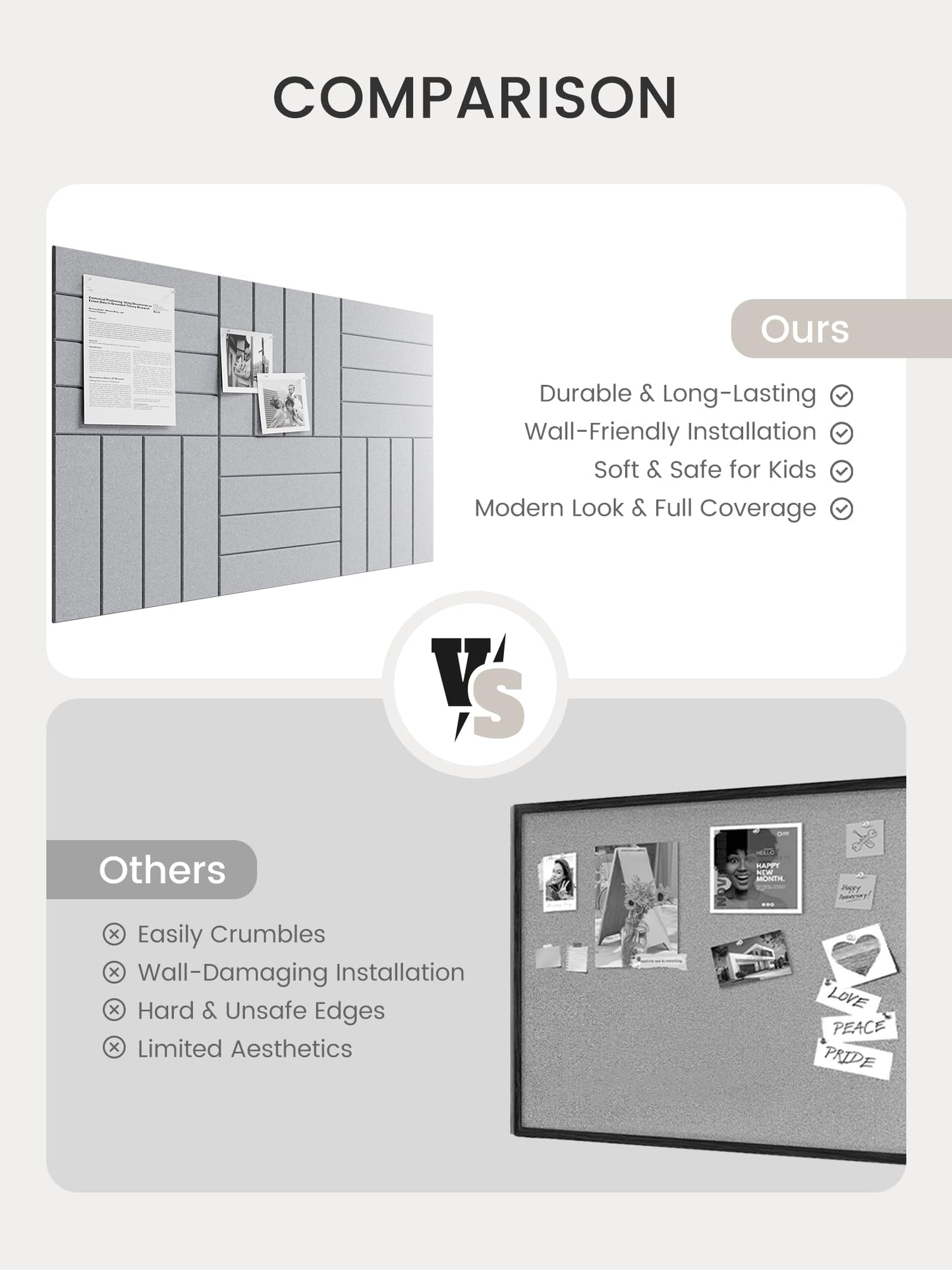 Bumusty Large Cork Board Alternative-36 x 24" Felt Bulletin Board Tiles, with 30 Pushpins, 40 Adhesive Tabs, Bold-Stripe 6-Pack, Cork Boards for Office Push Pin Board Felt Board-Soft Gray