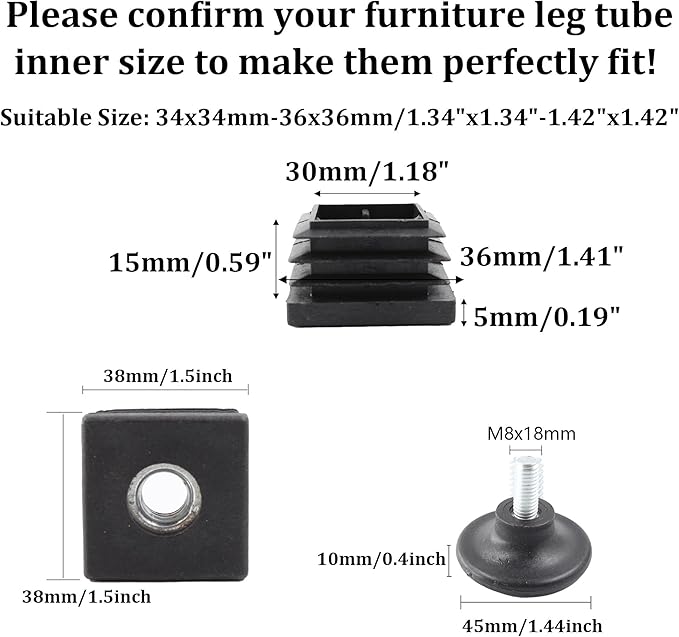8Pcs Adjustable Leveling Feet 38 x 38mm Square Insert Kit Furniture Glide