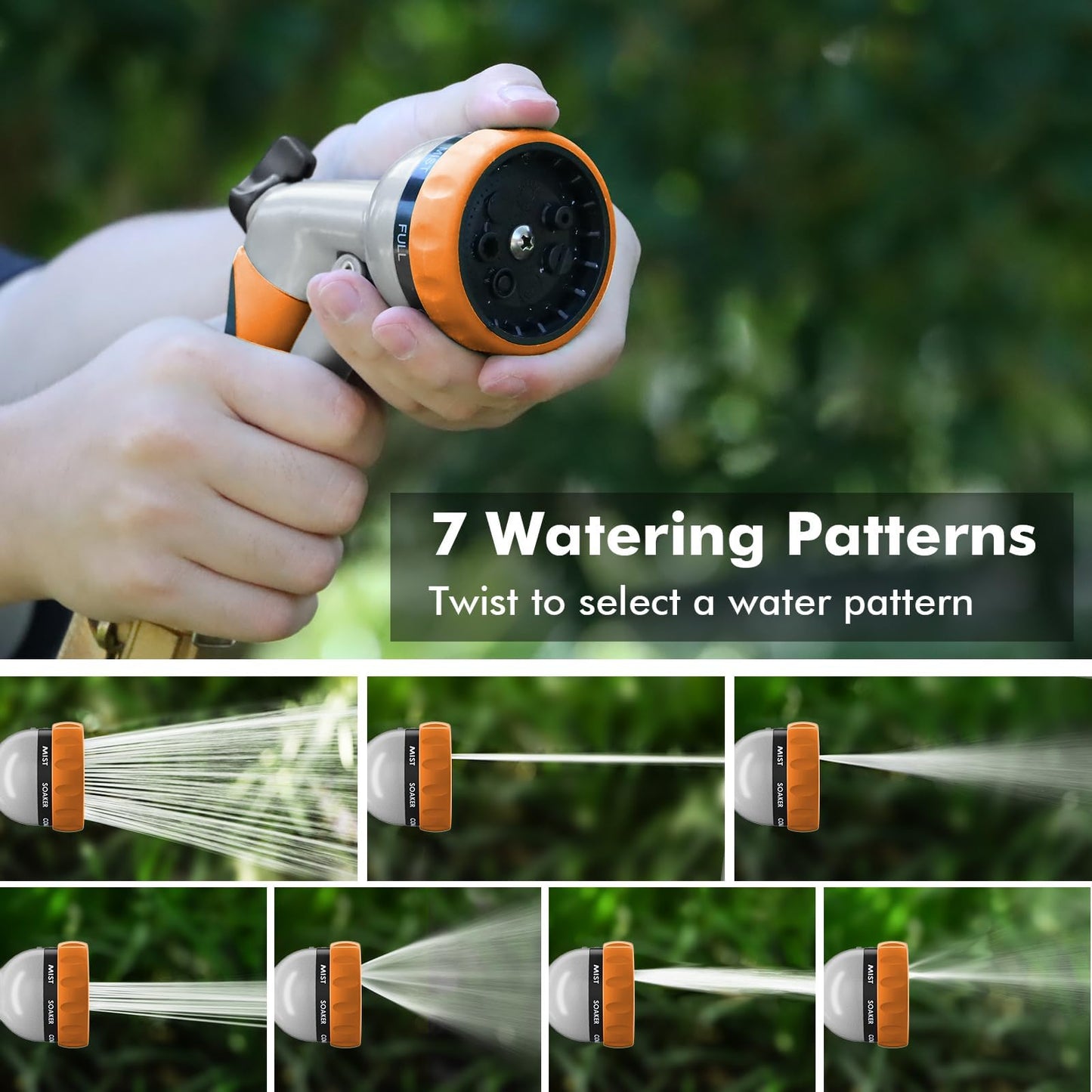 RESTMO Garden Hose Nozzle, Heavy Duty Metal Water Hose Nozzle with 7 Adjustable Spray Patterns, High Pressure Hand Sprayer with Flow Control, Best for Watering Plant & Lawn, Washing Car & Pet, Orange