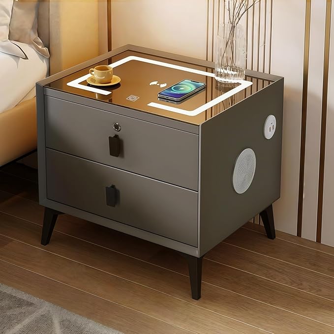 Smart Nightstand with Charging Station, Adjustable LED, USB Ports, Fingerprint