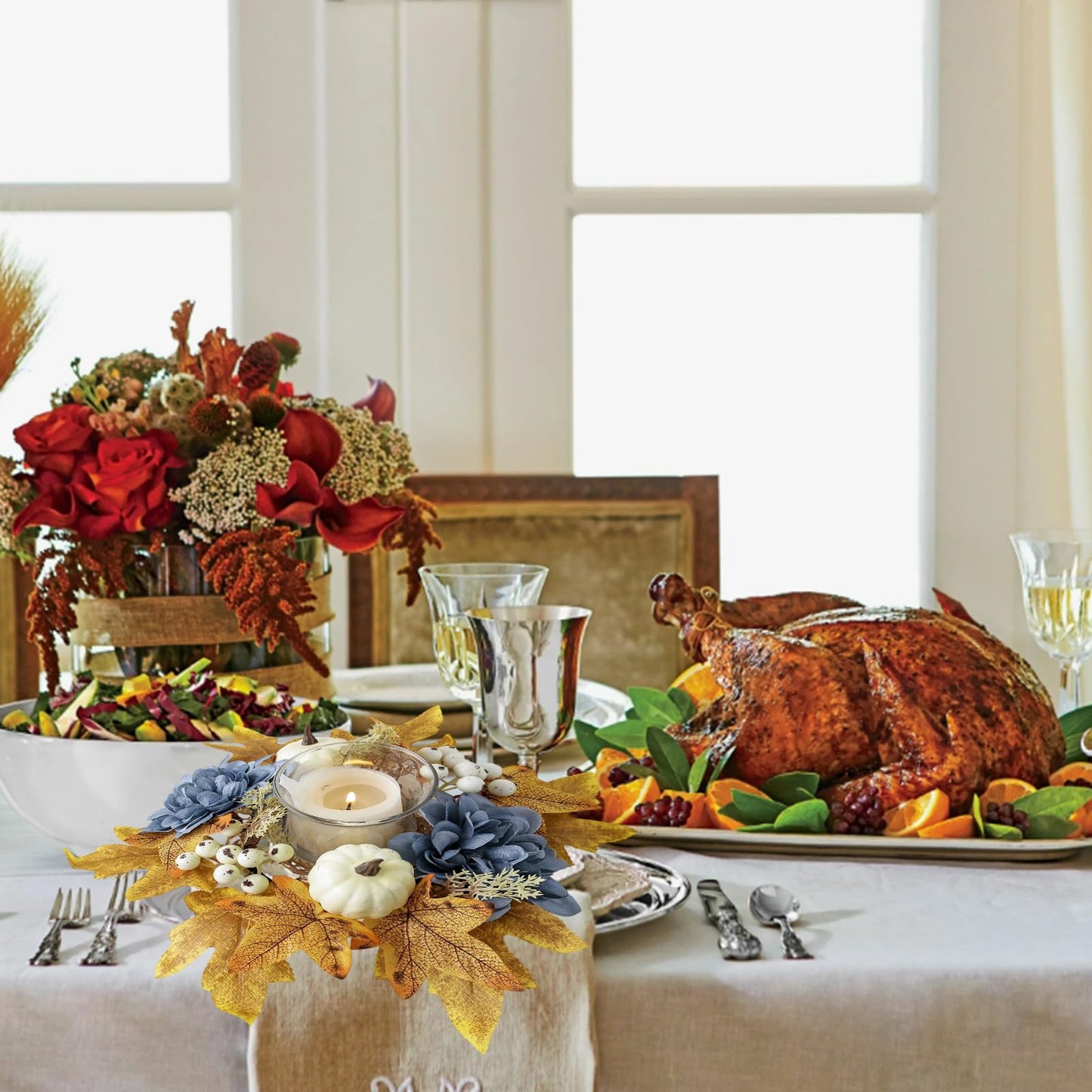 Thanksgiving Fall Candle Ring Holder Artificial Pumpkin Berries Maple Leaves Dahlia Flowers Candle Ring Wreath for Autumn Wedding Harvest Table Centerpiece Decor Supplies (Blue)