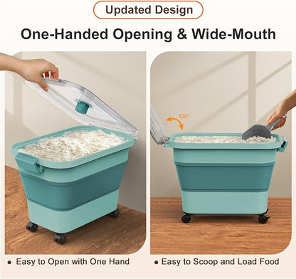 Rice Storage Container, Collapsible Airtight Food Storage Containers 20-30lbs with Clear Lid and Wheels, Rice Dispenser with Scoop for Flour Cereal Pasta Grain, Cat Pet Bird Dog Food Storage Container
