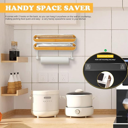 Magnetic Plastic Wrap Dispenser with Cutter - Quasziwa Refillable Tin Foil and Plastic Wrap Organizer for Kitchen, Aluminum Foil Dispenser with Paper Towel Holder Wall Mount - Fits 12" Roll, White