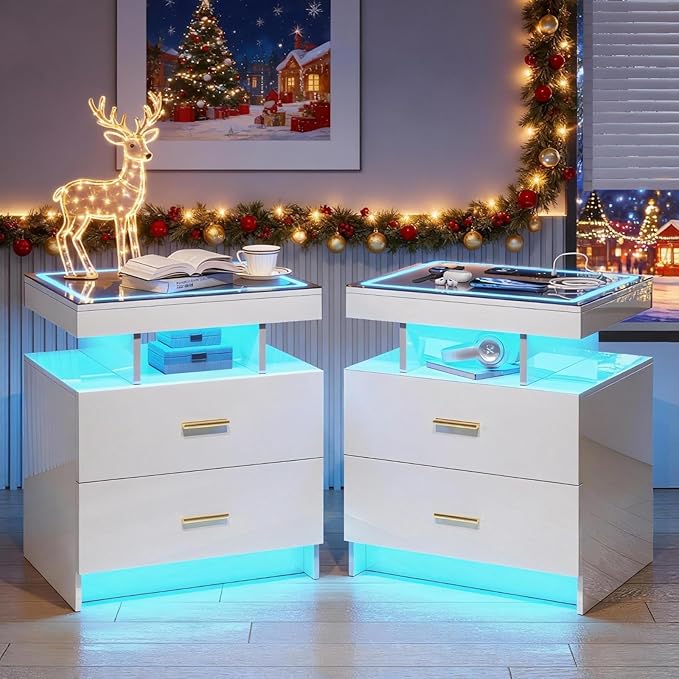 LED Nightstand Set 2 with Wireless Charging Station, Glass Top Smart Bedside