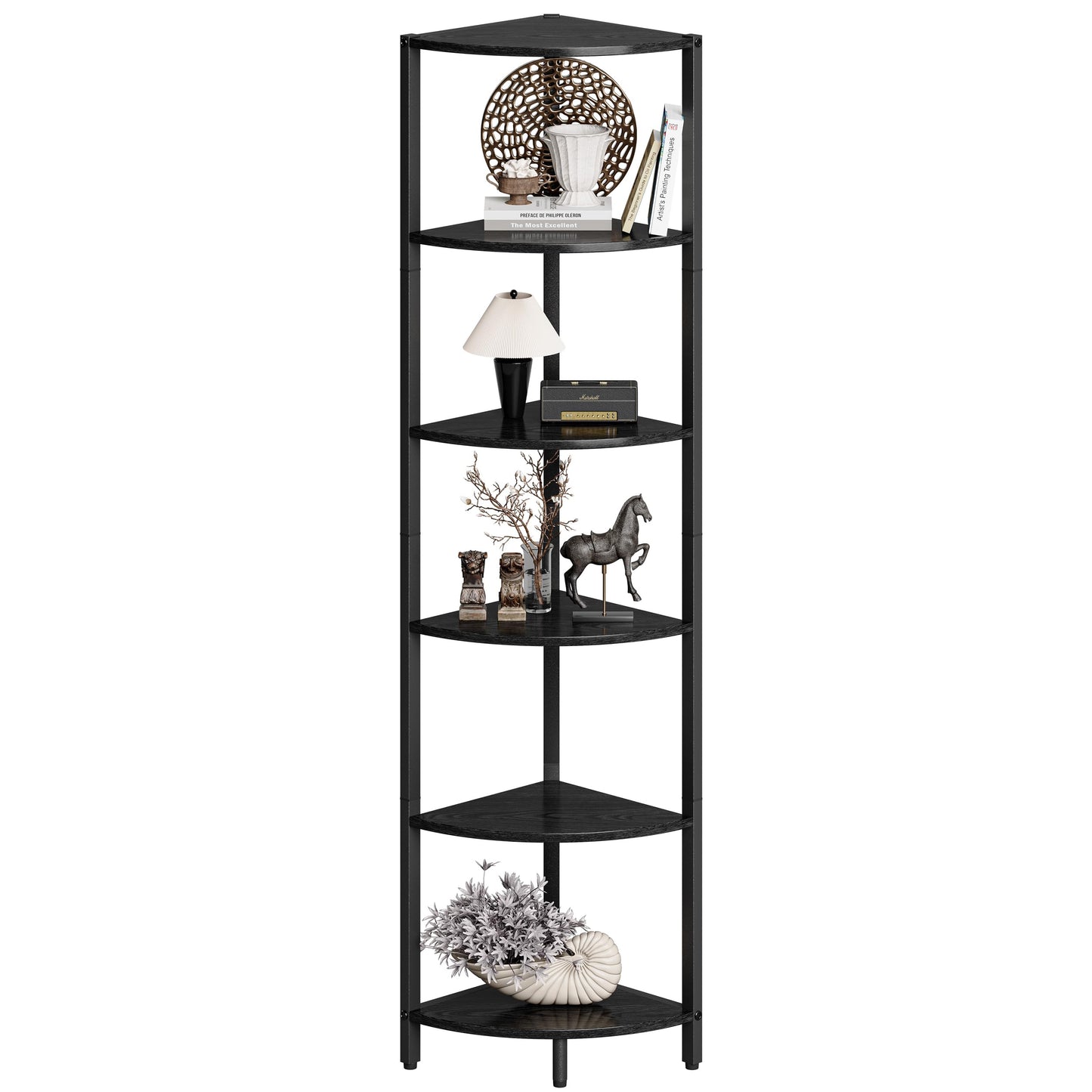 6 Tier Corner Shelf 63.1" Tall Corner Shelves stand Ladder shelf metal Standing Bookshelf Organizer Display Rack Bookcase Plant Stand Industrial for Living Room Bedroom Black Wood grain CS-001B3