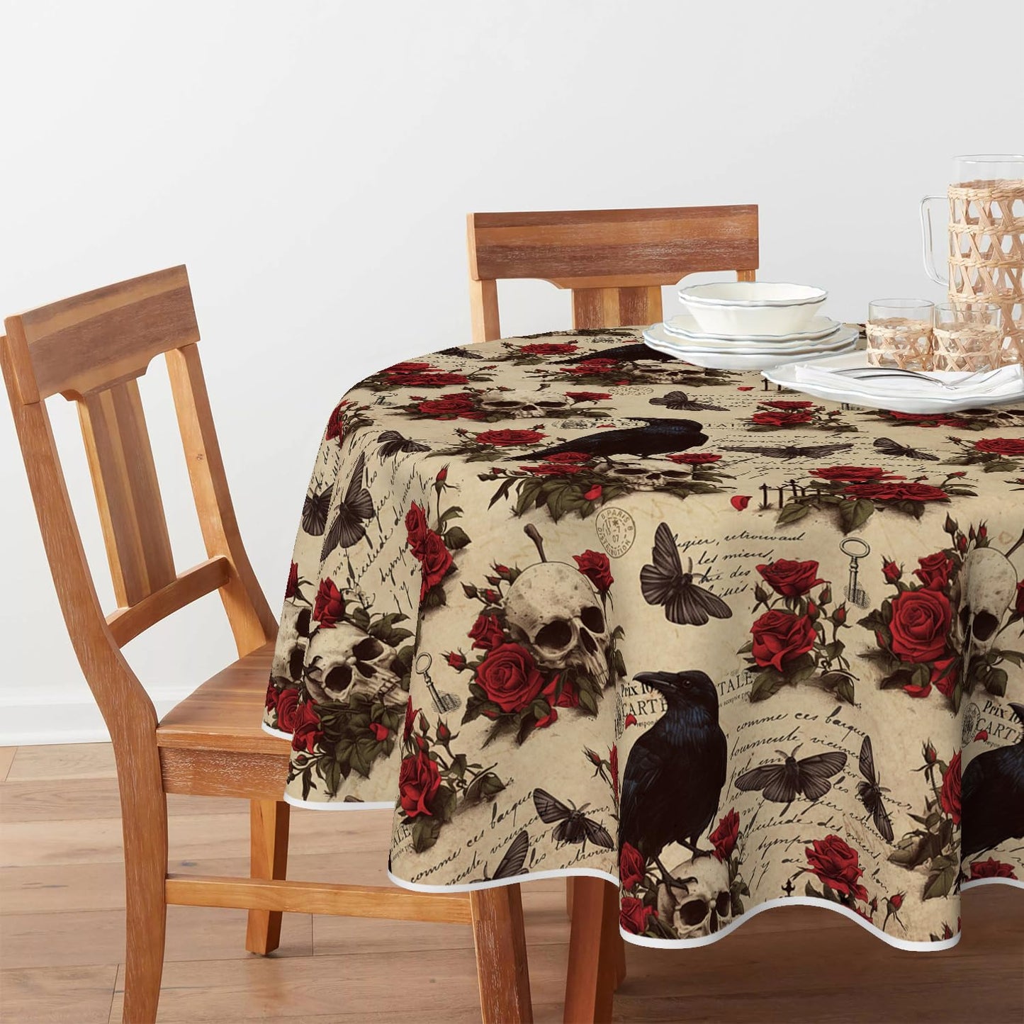 Horaldaily Halloween Tablecloth 70×70 Inch Round, Crow Skeleton Roses Washable Table Cover for Party Picnic Dinner Decor