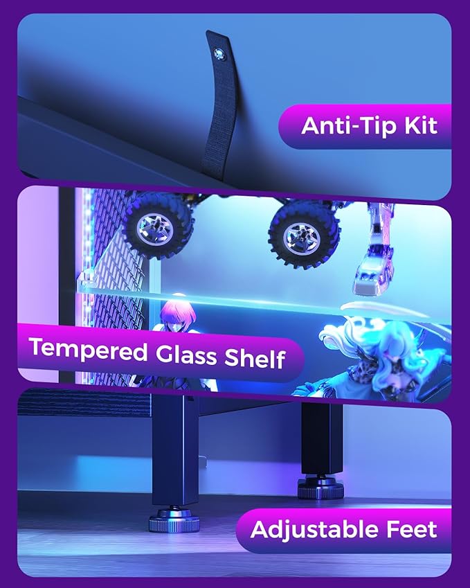 AODK Display Case with LED Lights, Display Cabinet with Open Glass Shelves