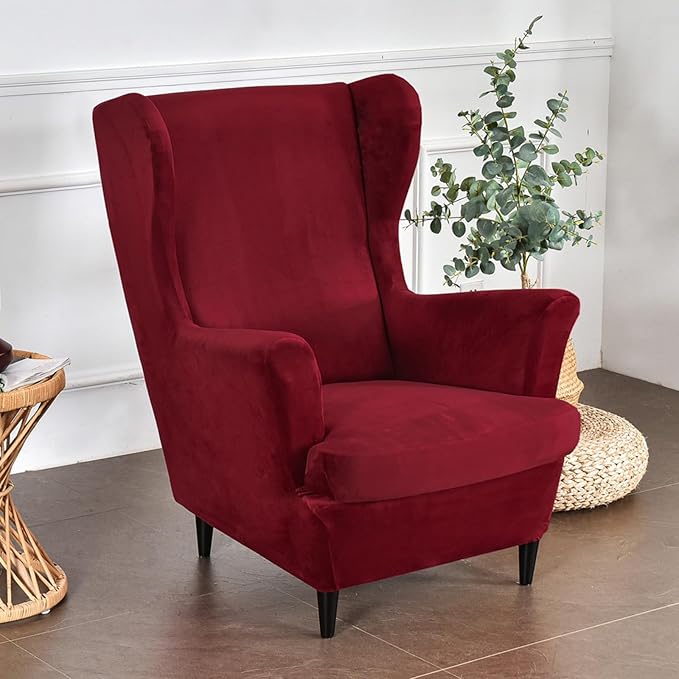HAOYONG Velvet Wingback Armchair Covers 2-Piece Elastic Stretch Wingback Chair