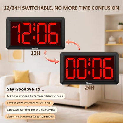 Soobest 9.5 Inch LED Digital Wall Clock Battery Operated, Auto & Manual Dimmer Display, Easy to Read Big Digits with Alarm for Seniors, Modern Decor for Living Room, Bedroom, Office (3.2" Numbers)
