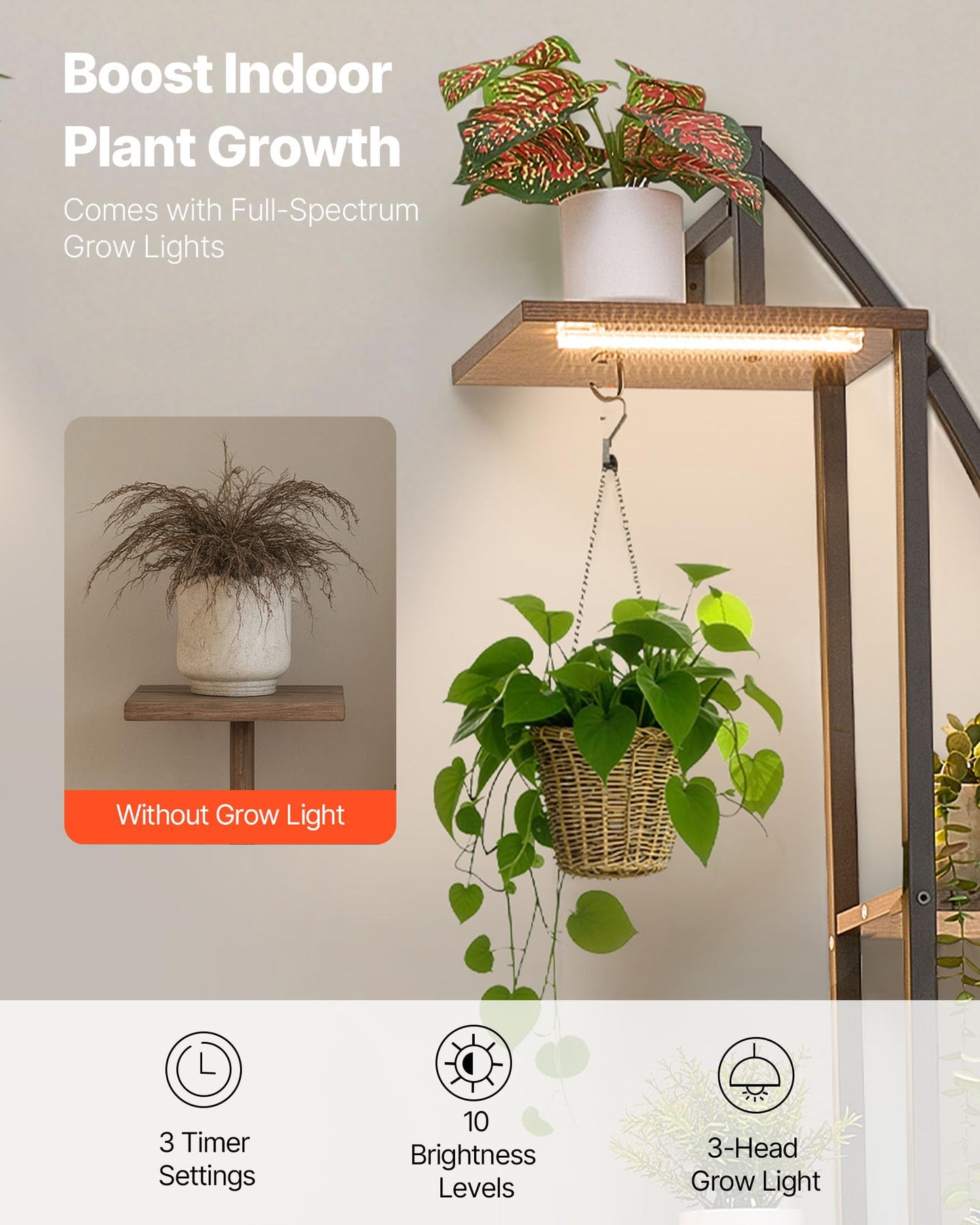 VEVOR Plant Stand Indoor with Grow Lights, 63 in Tall 6-Tiered Lighted Plant Shelf, 2 Pack Metal Corner Plants Holder, 3 Timer & 10 Brightness, Half-Moon Shaped Flower Display Rack for Living Room
